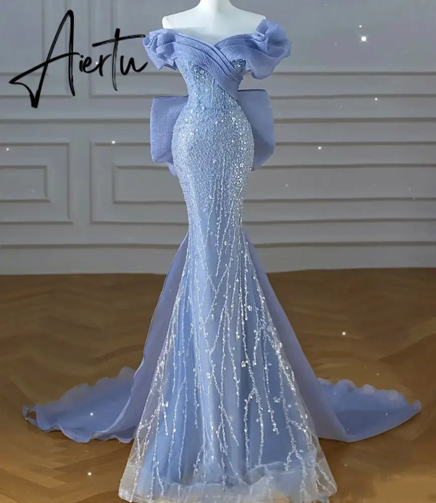Aiertu  Off the Shoulder Sequin Beaded Mermaid Formal Gown Custom Made Bowknot Back Blue Prom Dress for Women Aiertu