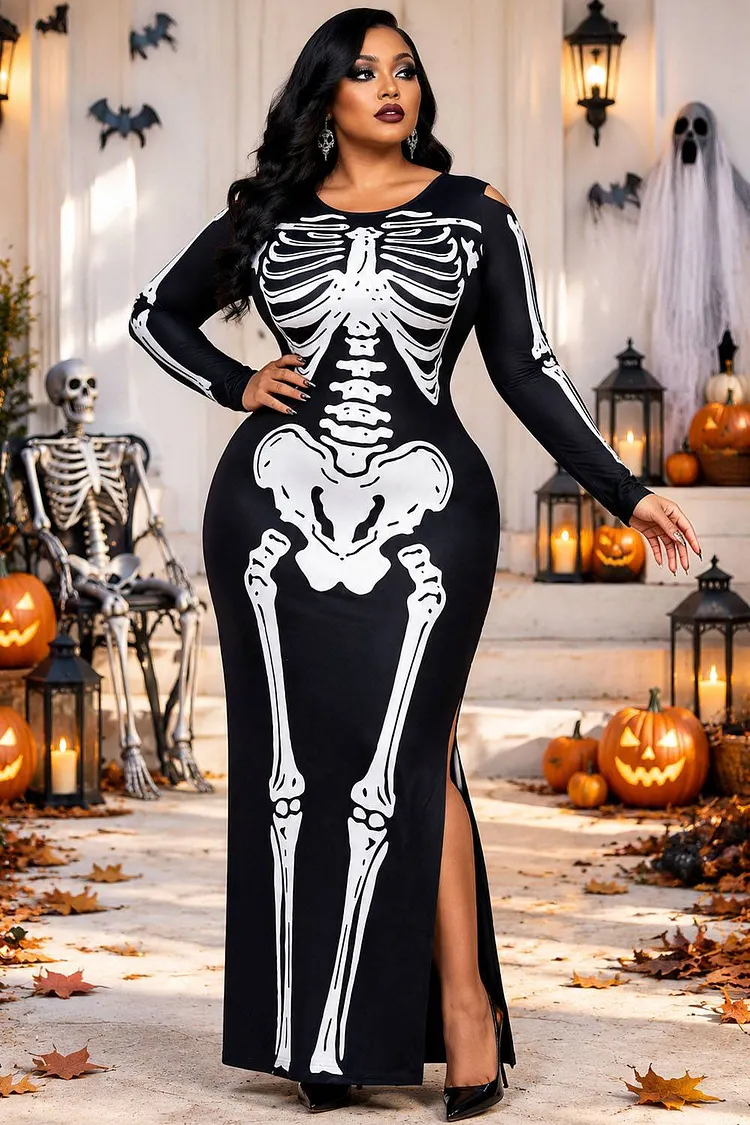 Xpluswear Design Plus Size Casual Halloween Costume Gothic Black Round Neck Long Sleeve Skeleton Print Knitted Maxi Dress（Ships 24h） 2024 - Xpluswear