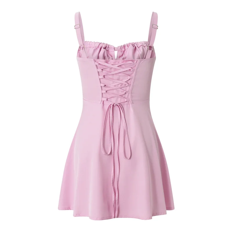 Women Backless Bandage A-line Dress Front Tie Up Spaghetti Strap Cocktail Mini Dress