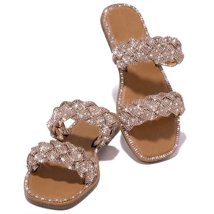 Rhinestone Braided Strap Sandal Square Toe Flats Fashion Mules Vdcoo