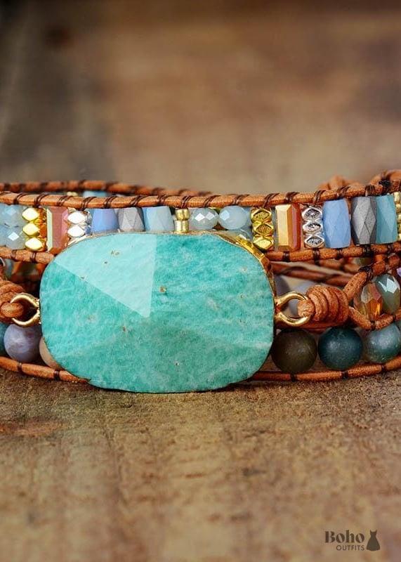Boho Bracelet, 3 Layers Leather Wrap Bracelet, Natural Blue Stone