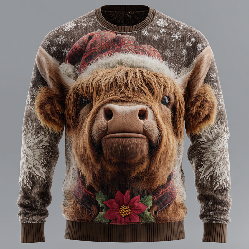 Men's Vintage Christmas Highland Cow Print Cozy Knit Sweater elevenforest