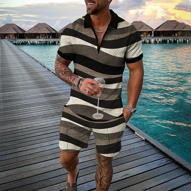 Men's Abstract Striped Short Sleeve Polo Shirt And Short Co-Ord