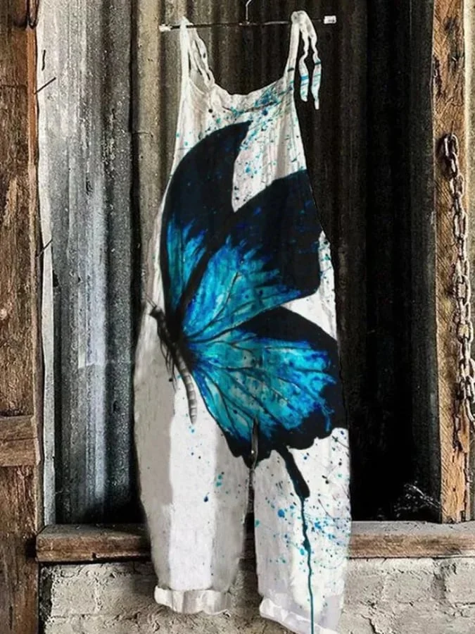 Women's Casual Butterfly Printed Waistband Overall