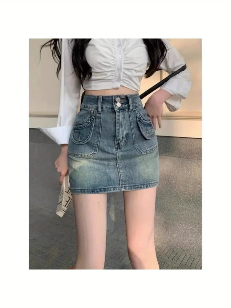 Women's High-Waist Retro Denim Skirt - Asymmetrical Hem, Elastic Waistband, Button Detail, Light Blue Washed Style, Casual Summer Skirt For Women, High Waisted Skirt, Spring Fashion, Nonstretch Fabric