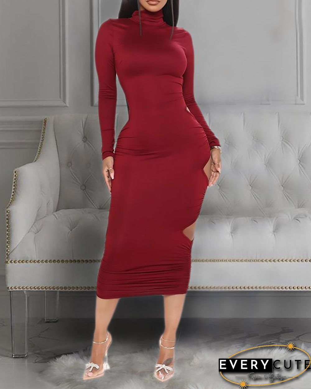 Plain Ladder Cutout Ruched Backless Maxi Dress P13980