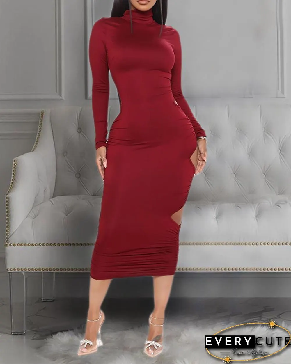 Plain Ladder Cutout Ruched Backless Maxi Dress P13980