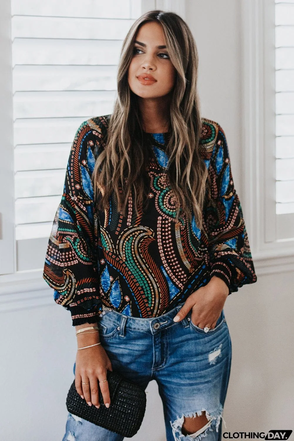 Printed Lantern Sleeve Top