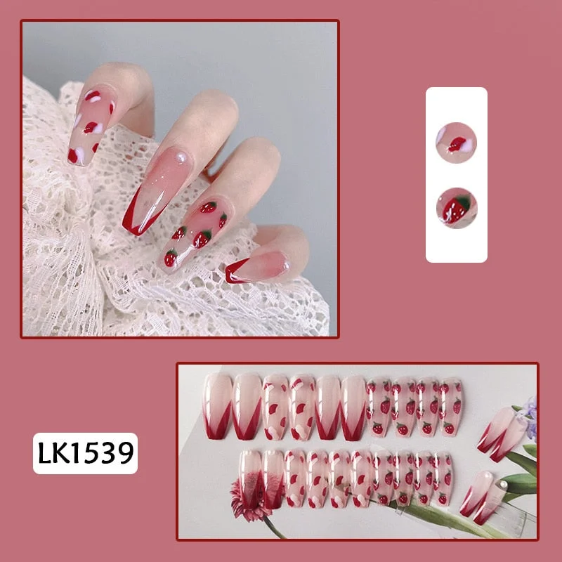 24pcs Pearl Wear Long Paragraph Fashion Manicure Patch False Nails Save Time Wearable Jelly Nail Patch TY-Nail Inspo