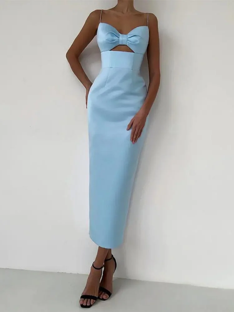 Promsstyle Chic bow knot hollow solid color fitted long slip dress Prom Dress 2023