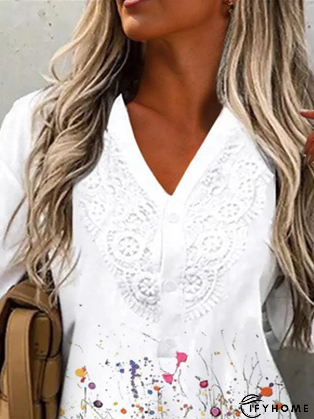 Floral 3/4 Sleeve Lace V Neck Casual Tunic Top | IFYHOME