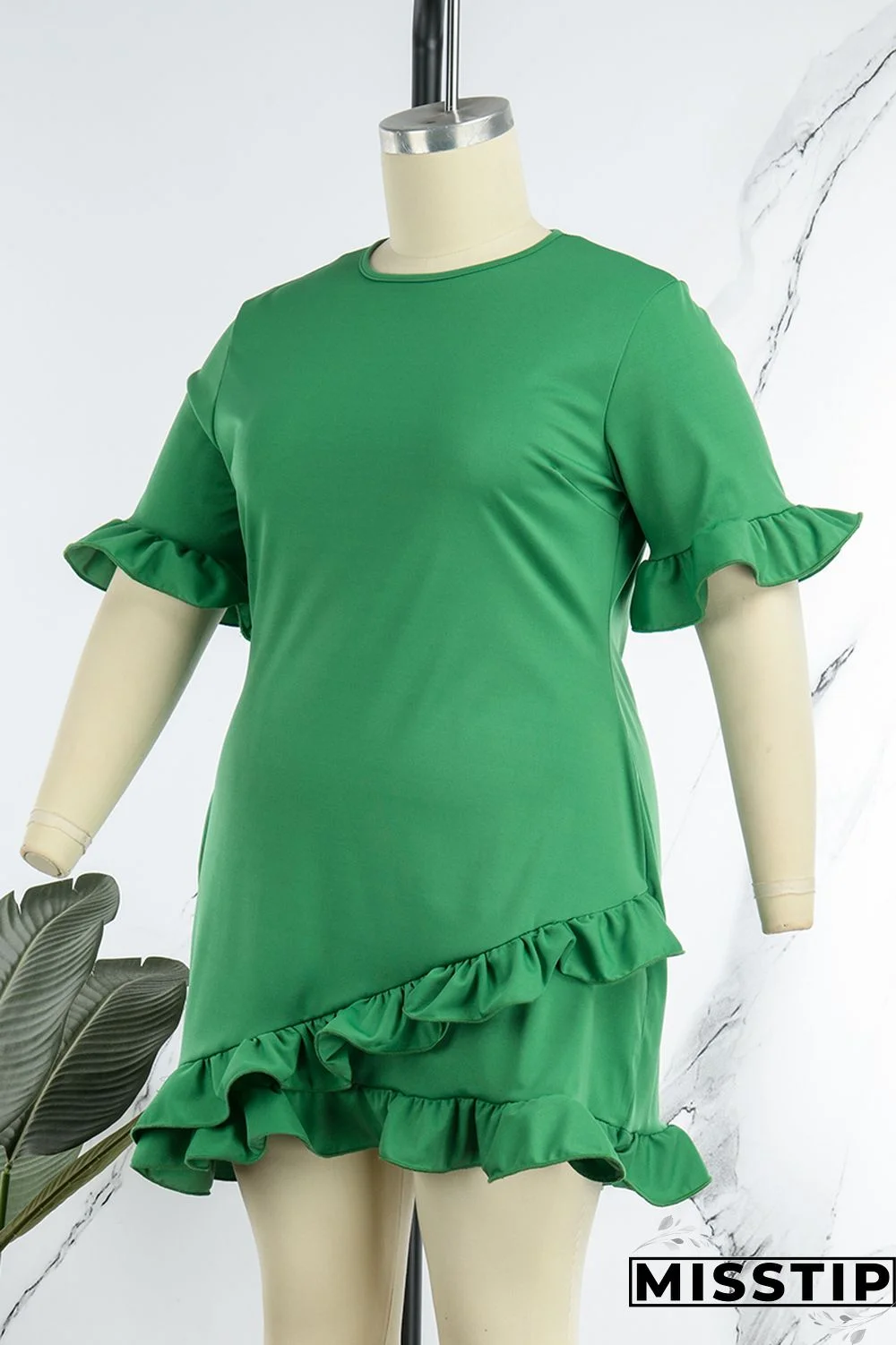 Green Casual Solid Patchwork Asymmetrical Stringy Selvedge O Neck Straight Plus Size Dresses