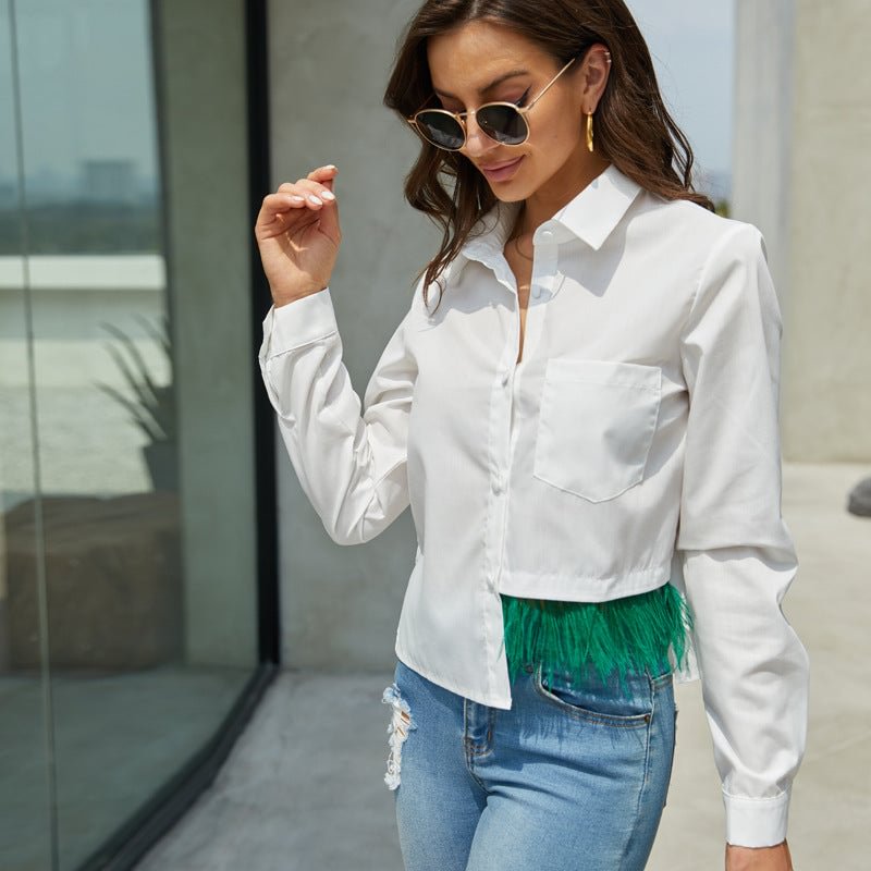 Back to school  Casual Long Sleeve Feather Patchwork White Shirt Women Spring Button Up Lapel Chic Blouse Streetwear Simple Crop Top Oversized