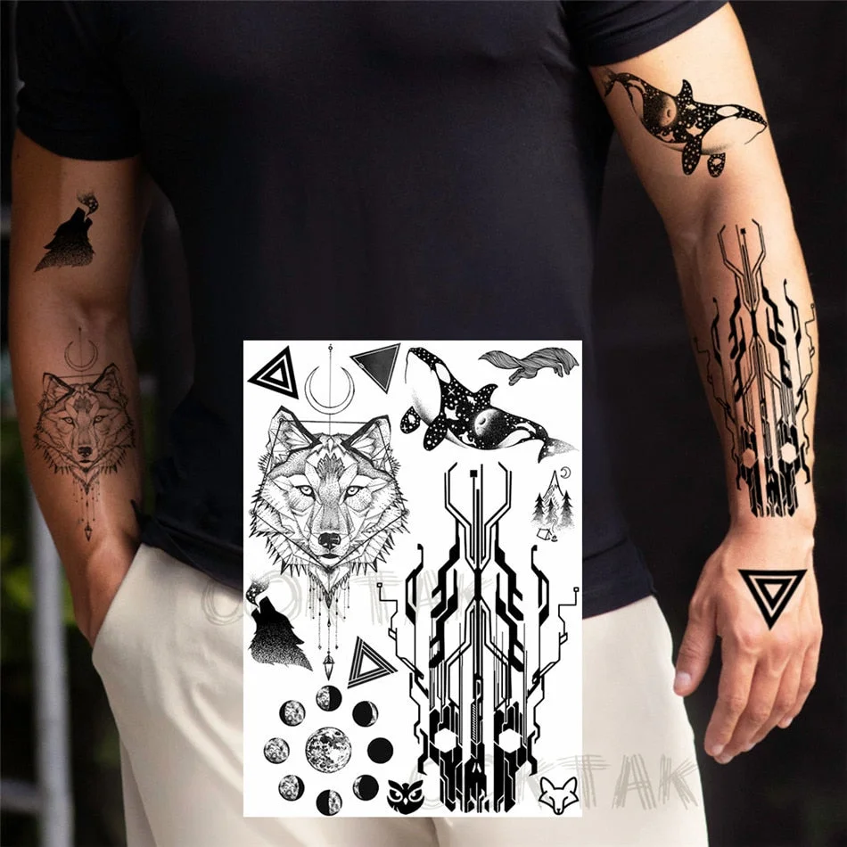 Creative Space Temporary Tattoos For Men Women Astronaut Planets Fake Chains Tatoos Temporary Black Mountain DIY Tatoo Geometric
