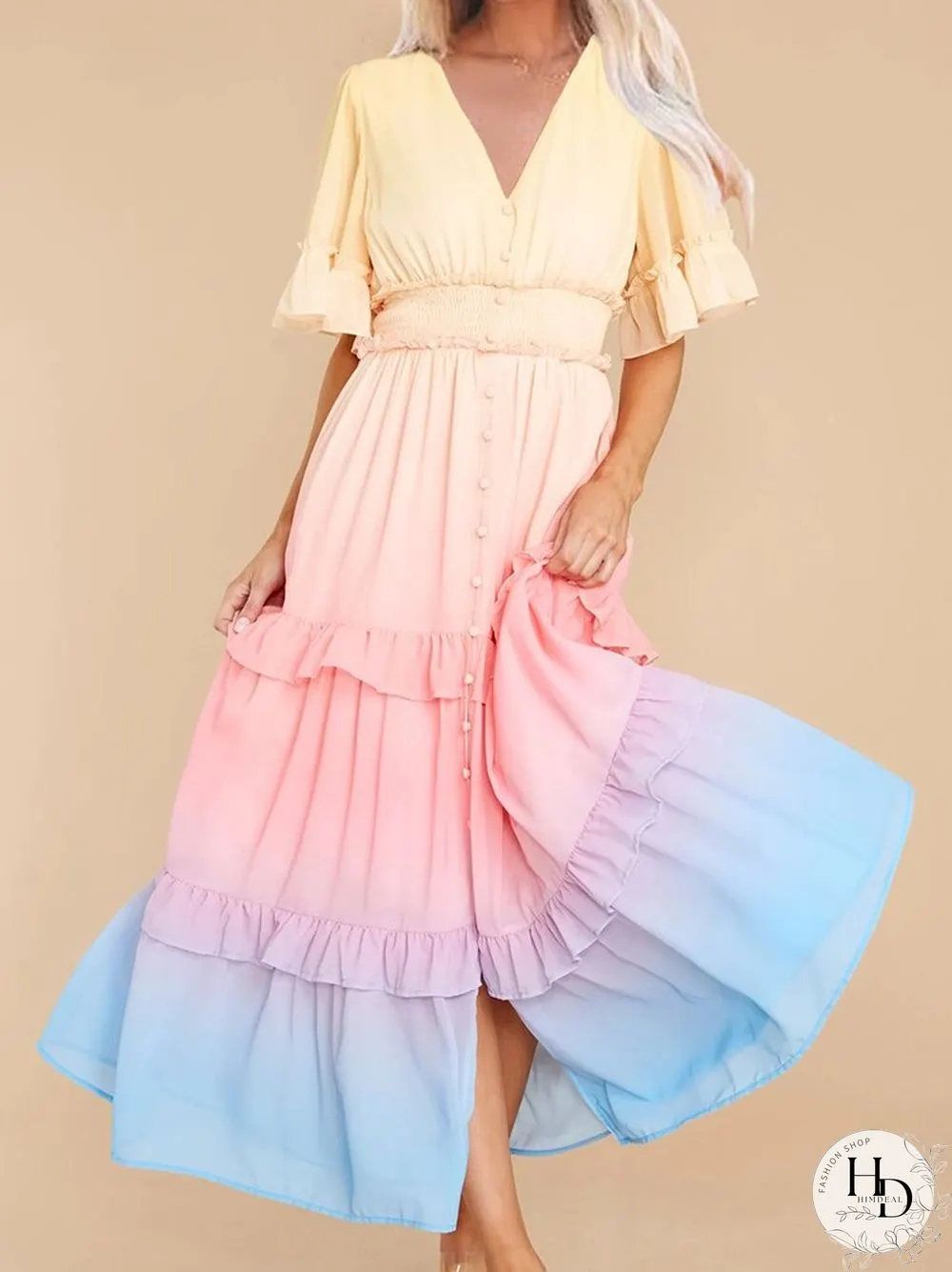 Ladies Fashion Gradient Rainbow Color Dress
