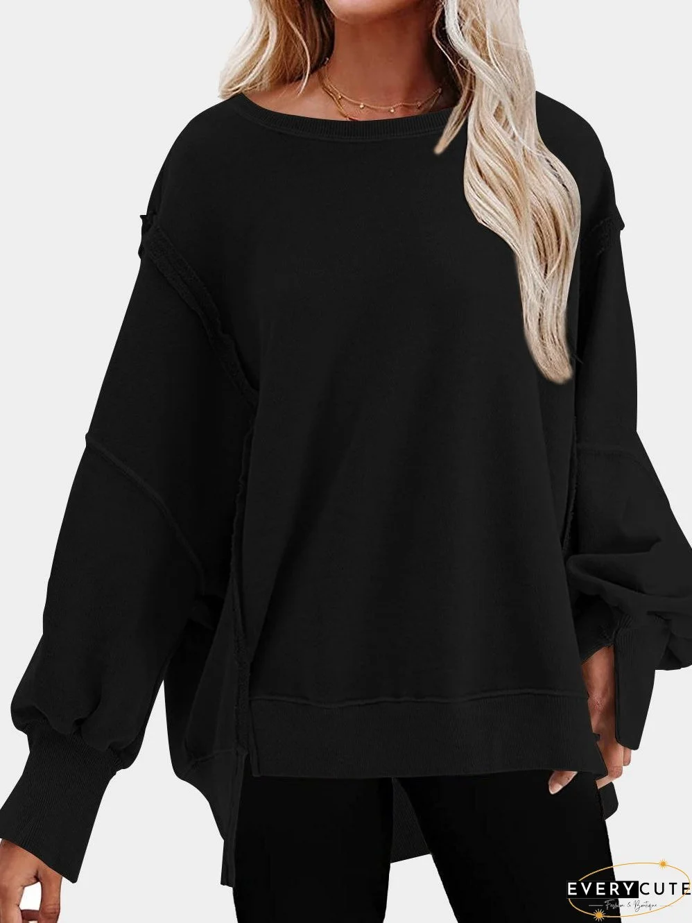 Elegant Black Seam Detail Drop Shoulder Split Hem Sweatshirt