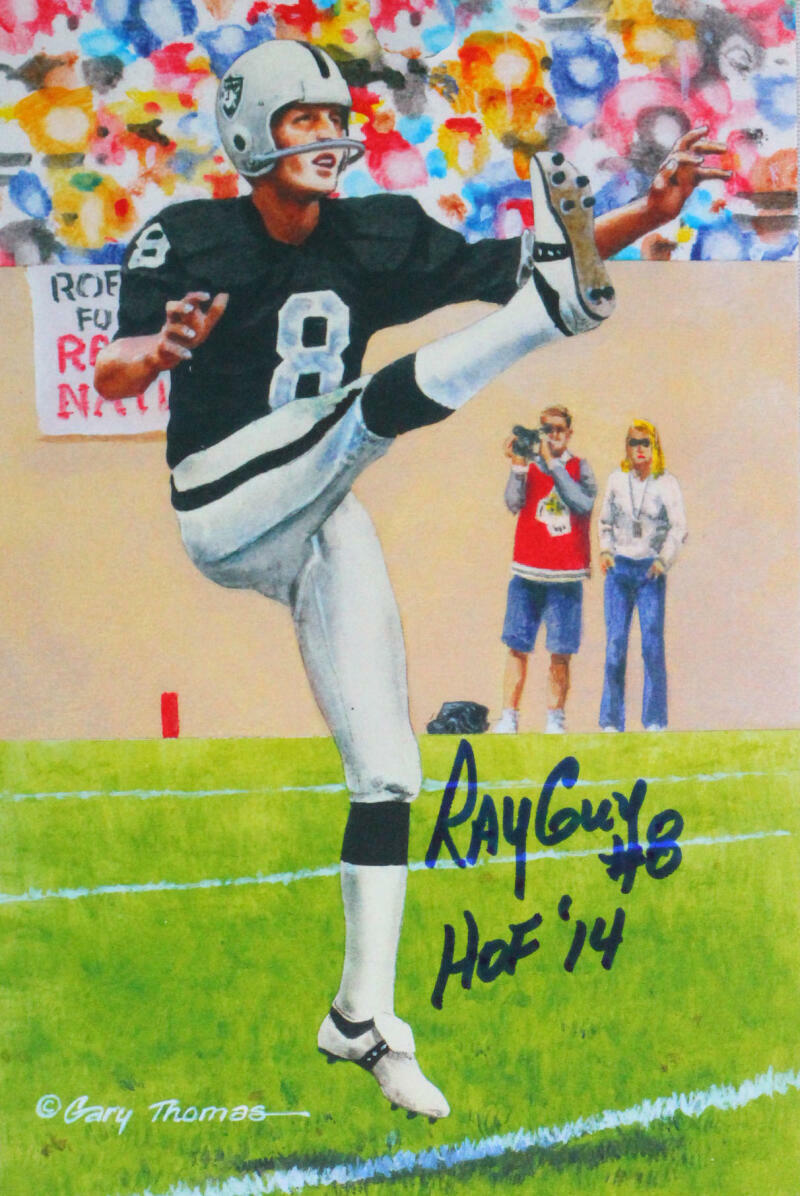 Ray Guy Autographed Las Vegas Raiders Goal Line Art Card w/ HOF- Beckett *Blue