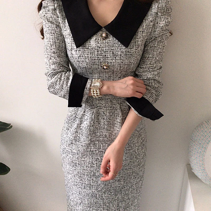 Churchf Churchf Chic Retro Temperament Contrast Color Lapel Pressure Fold Belt Closed Waist Show Thin And Thick Long Tweed Dress