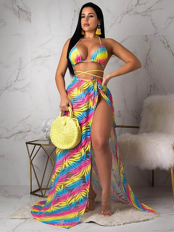 Fashion Chiffon Multi-Colored Split Bikini Swimsuit+Cover-Up Three-Piece Set