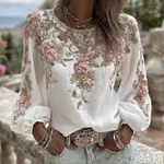 Women's Vintage Pink Rose Embroidery Art Round Neck Long Sleeve Linen Blend T-shirt - Image 3