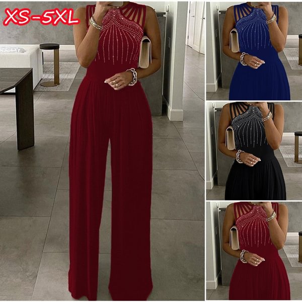 S-5XL New Women Summer Fashion Casual Studded Cutout Ruched Wide Leg Jumpsuit Sleeveless High Waist Pure Color Jumpsuits Plus Size - Shop Trendy Women's Fashion | TeeYours
