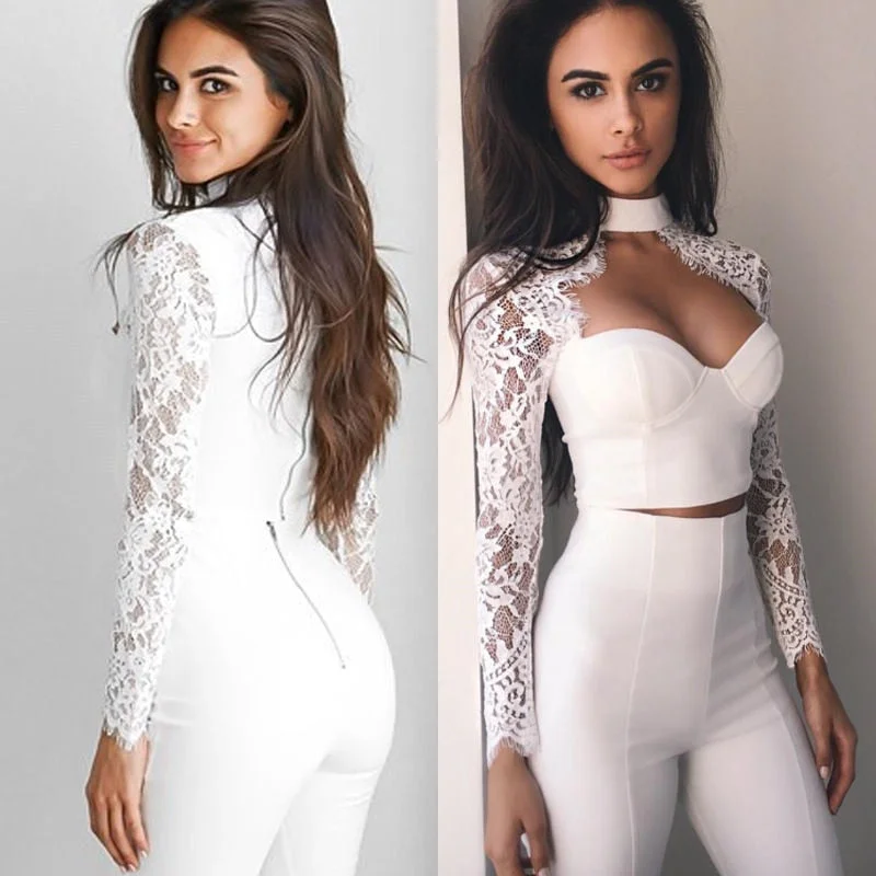 Women Sexy Lace Patchwork Tops Long Sleeve Push Up Padded Bra Sexy Crop Tops Ladies Lace T-Shirt Tops Slim Tops Fashion