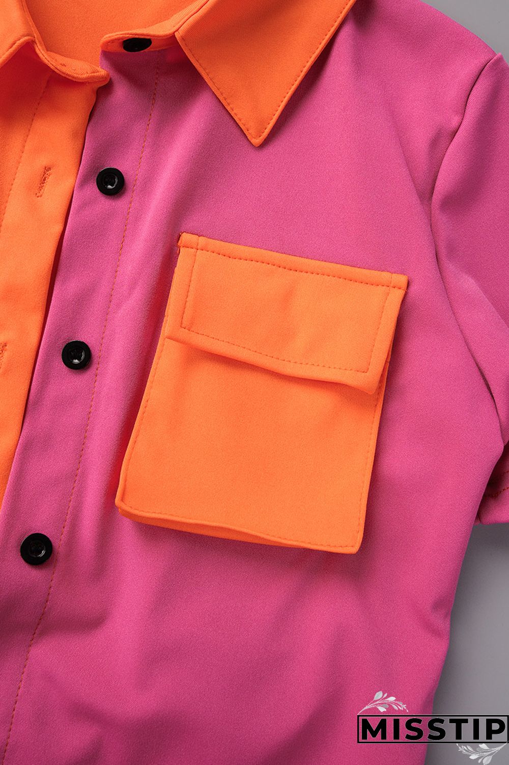 Blue Casual Patchwork Contrast Shirt Collar Short Sleeve Two Pieces