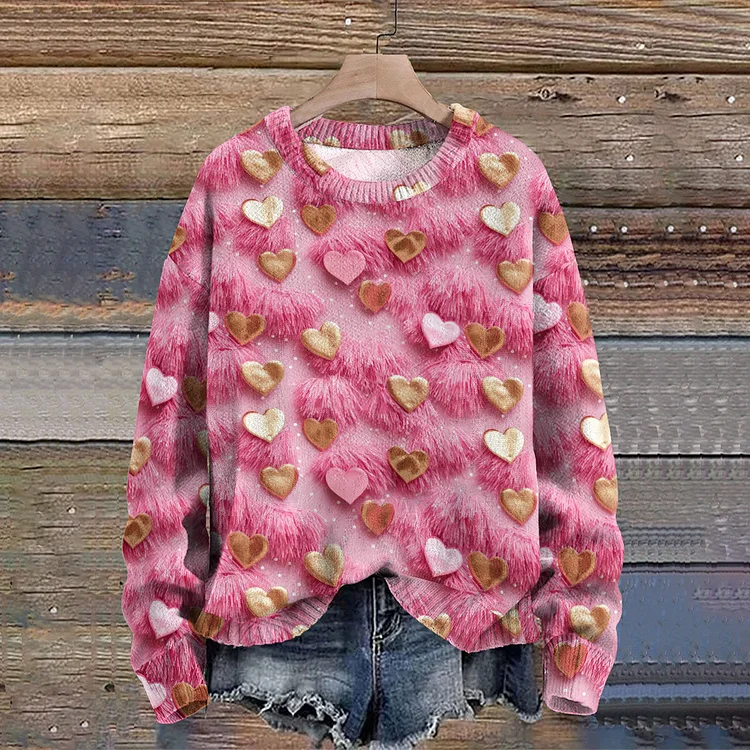 VChics Valentine's Day Heart Print Knitted Pullover Sweater
