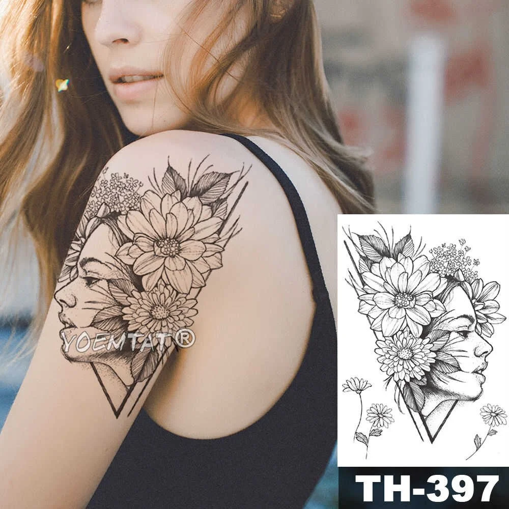 Geometric Flower Rose Eye Leaves Waterproof Temporary Tattoo Sticker Diamond Peony Black Tattoos Body Art Arm Fake Tatoo