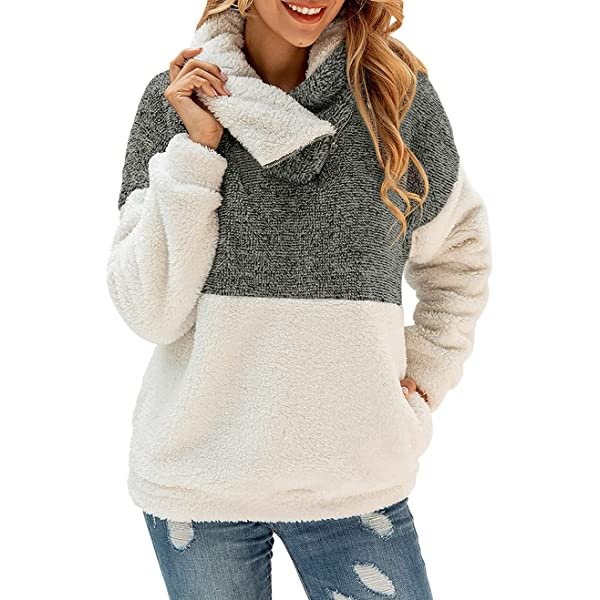 2021 Women’s Winter Lapel Sweatshirt Faux Shearling Shaggy Warm Leopard Pullover Zipped Up Fuzzy Outwear