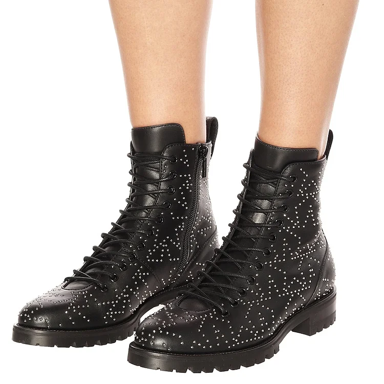 Studded Black Lace Up Combat Boots Vdcoo