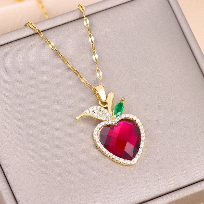 Cute Heart Shape Apple Titanium Steel Copper Glass Drill Zircon 18K Gold Plated Pendant Necklace