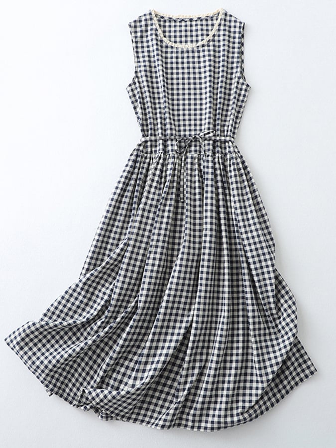 Cotton And Linen Retro Loose And Slim Plaid Vest Dress