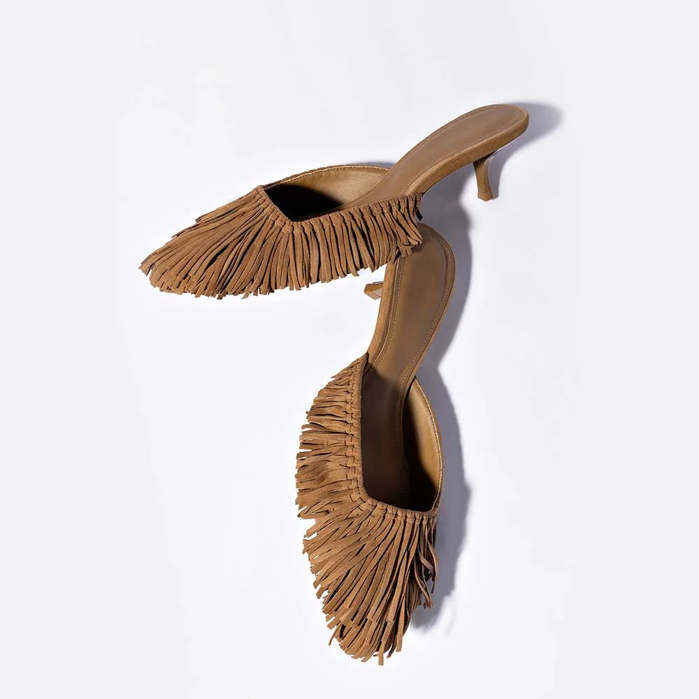 Fashion Brown Closed Square Toe Kitten Heel Fringe Mules for Women