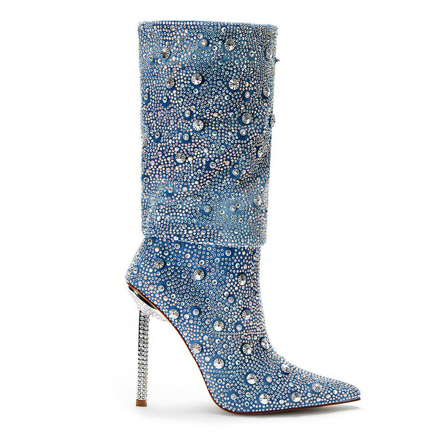 Bling Full Crystal Blue Denim Mid-calf Boots Women Pointed Toe Stiletto High Heels Shoes