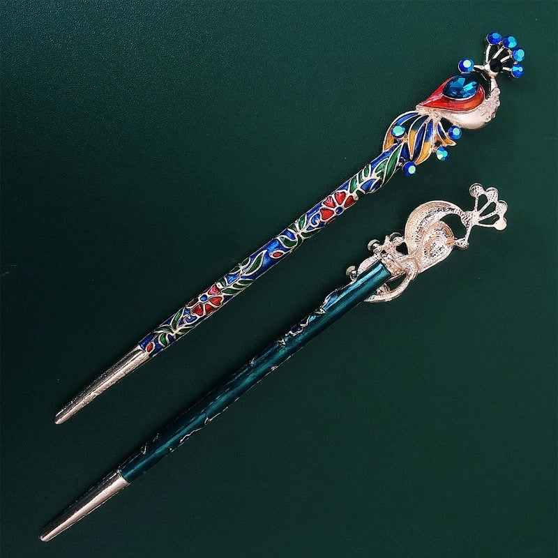 Supply Vintage Headdress Peacock Crystal Cloisonne Hairpin Chinese Style Hanfu Updo Accessories Raccoon Hair Accessories