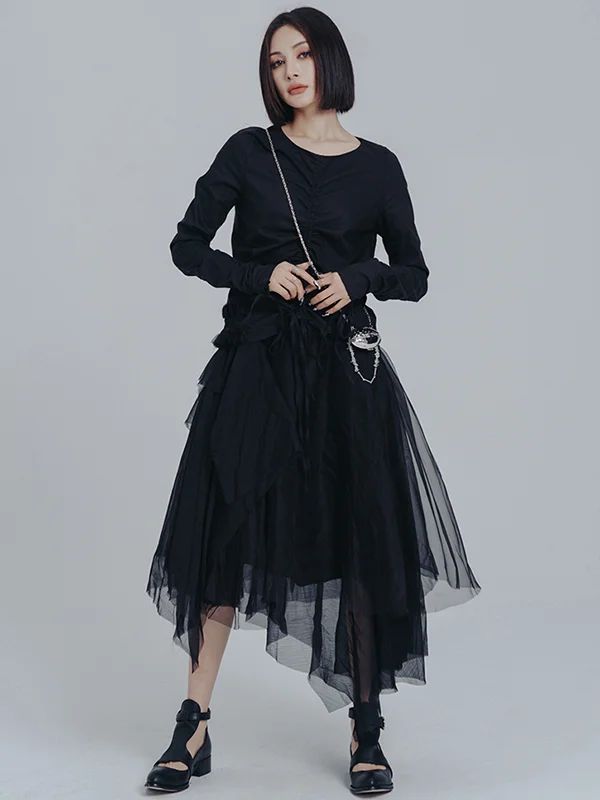 Urban Drawstring Long Sleeves Black Gauze Midi Dress