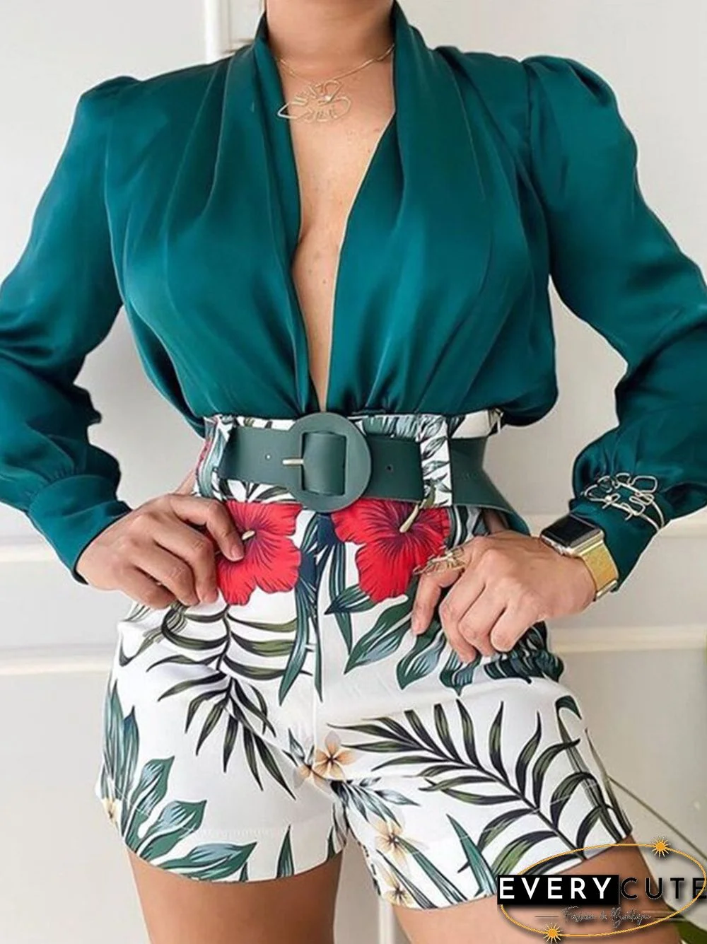 Chiffon V-Neck Top +Print Shorts Casual Office Suit Elegant Temperament Slim Belt Sets New Summer Zipper Long Sleeve Outfit