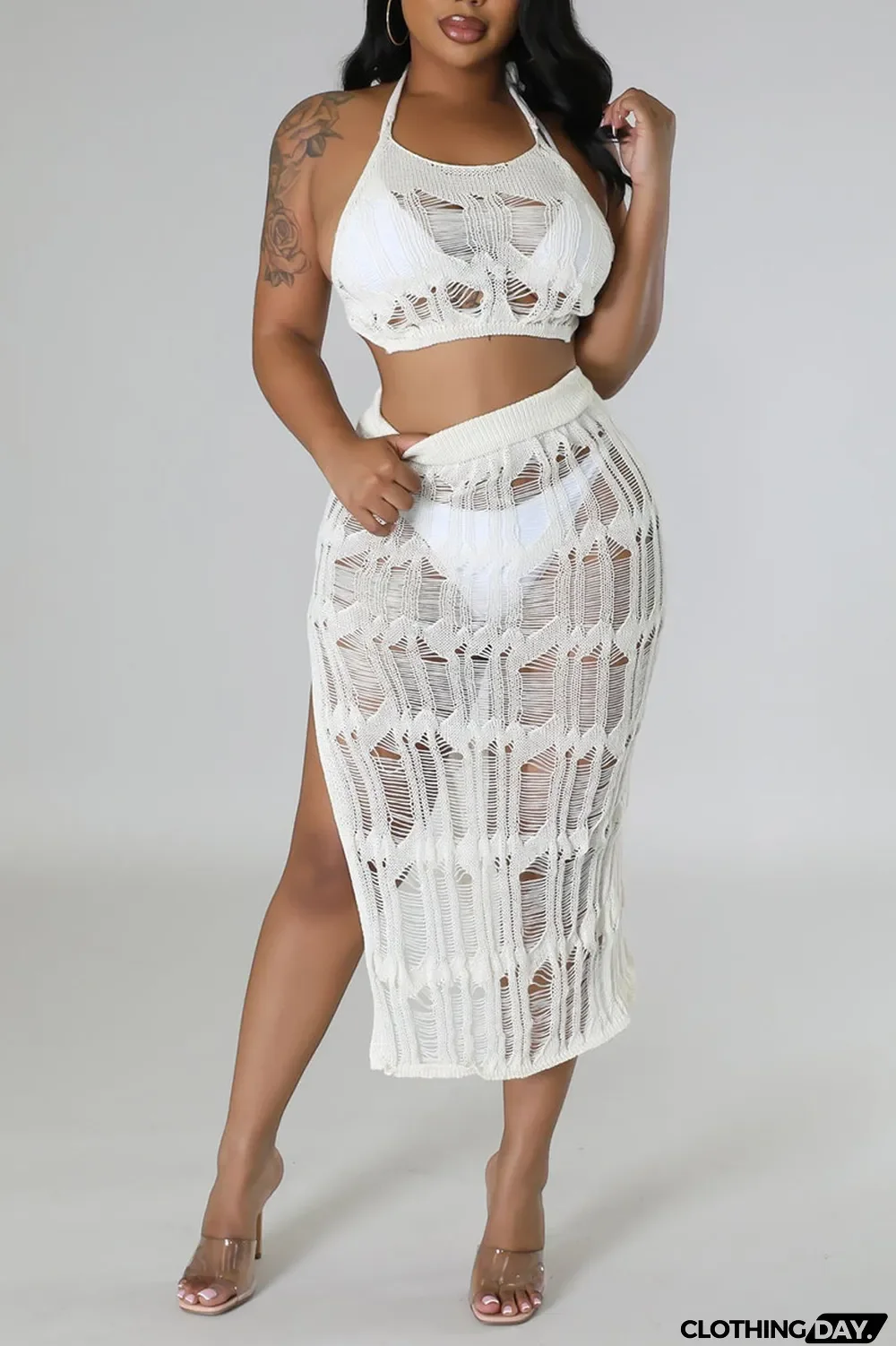 Khaki Sexy Solid Hollowed Out Patchwork Backless Slit Halter Sleeveless Two Pieces