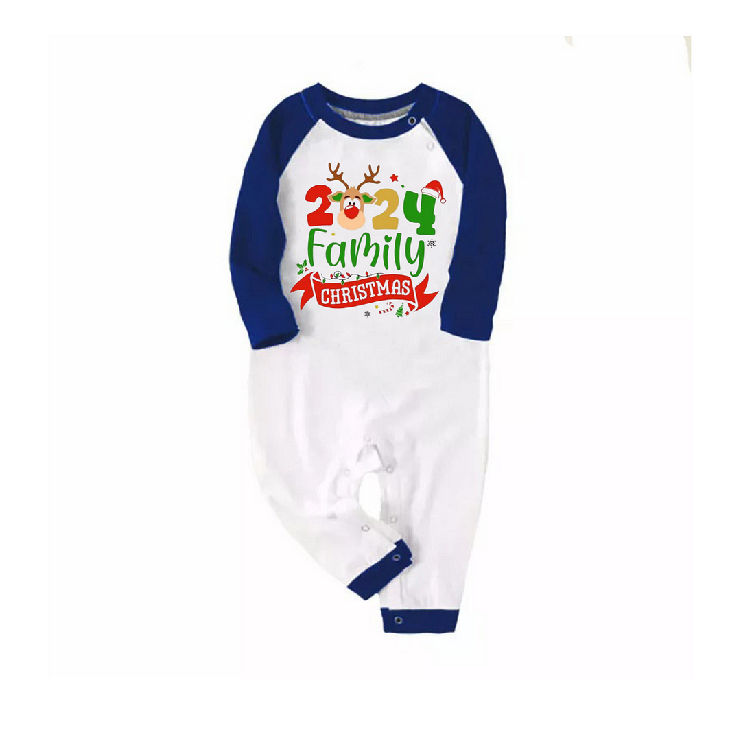 "2024 Family Christmas" Letter and Cute Deer Print Blue & Black Plaid Family Matching Pajamas With Dog