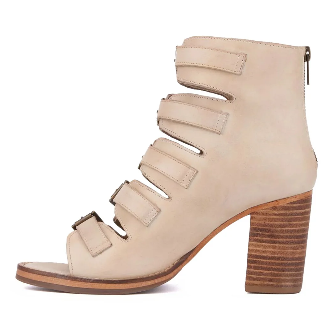 Beige Hollow-Out Peep Toe Chunky High Heels Sandals with Buckle