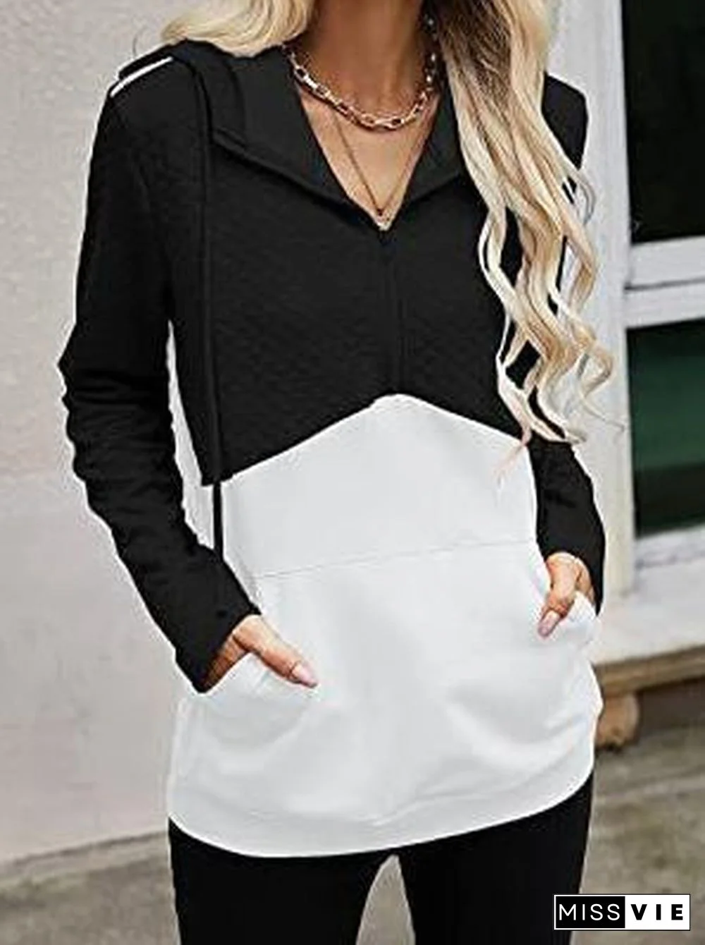 Women's Stitching Hooded Zippe Long Sleeve V-neck Tops