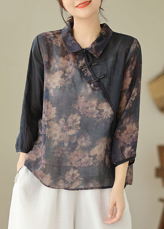 VCSHOES Loose Black Peter Pan Collar Button Print Linen Shirts Spring
