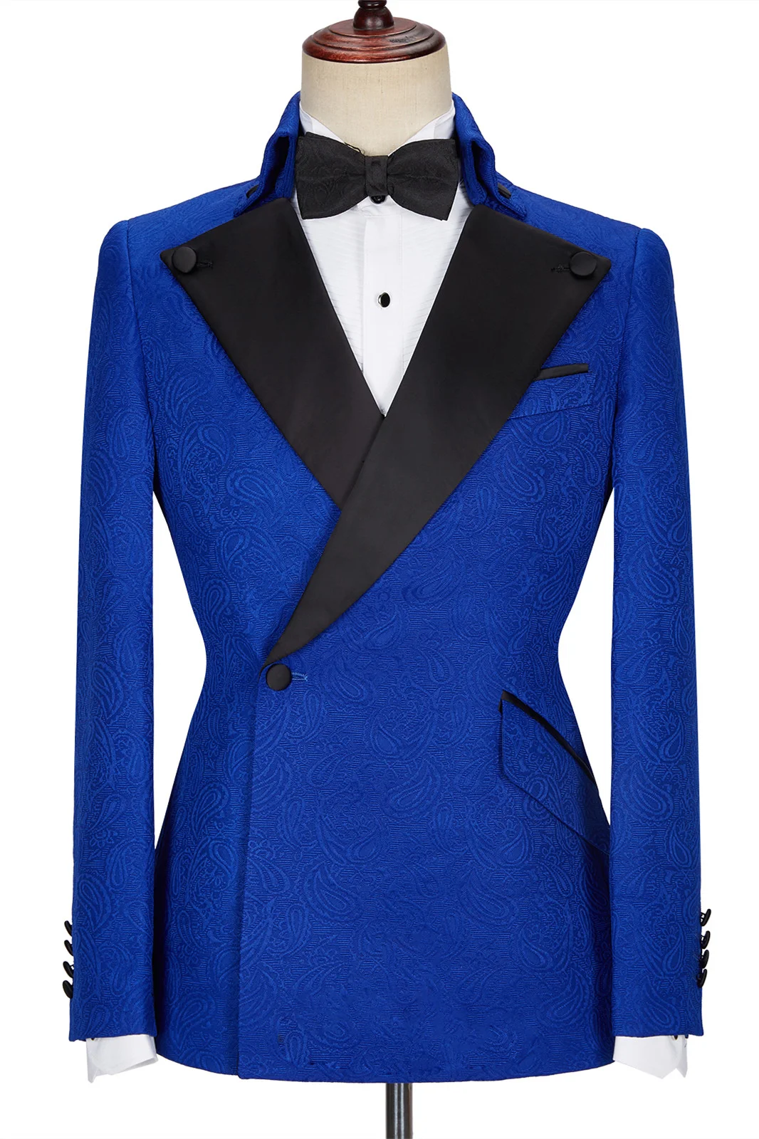 Dean Fashion New Arrival Royal Blue Jacquard Wedding Suits with Black Lapel