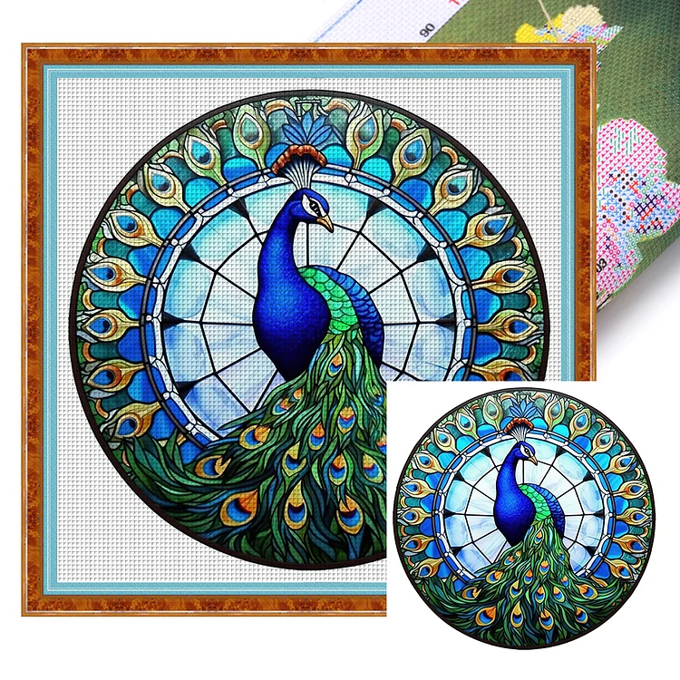 【Huacan Brand】Glass Art- Peacock 18CT Stamped Cross Stitch 20*20CM
