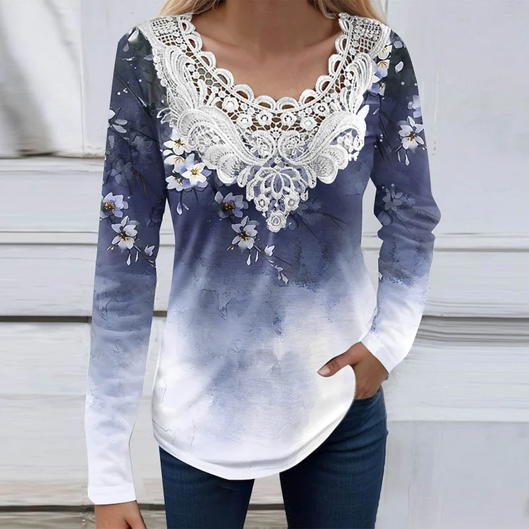 Wearshes Gradient Floral Lace V-Neck Long Sleeved T-Shirt