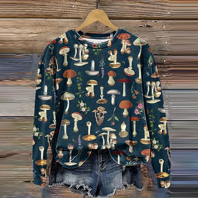 Comstylish Vintage Retro Mushroom Art Print Casual Sweatshirt