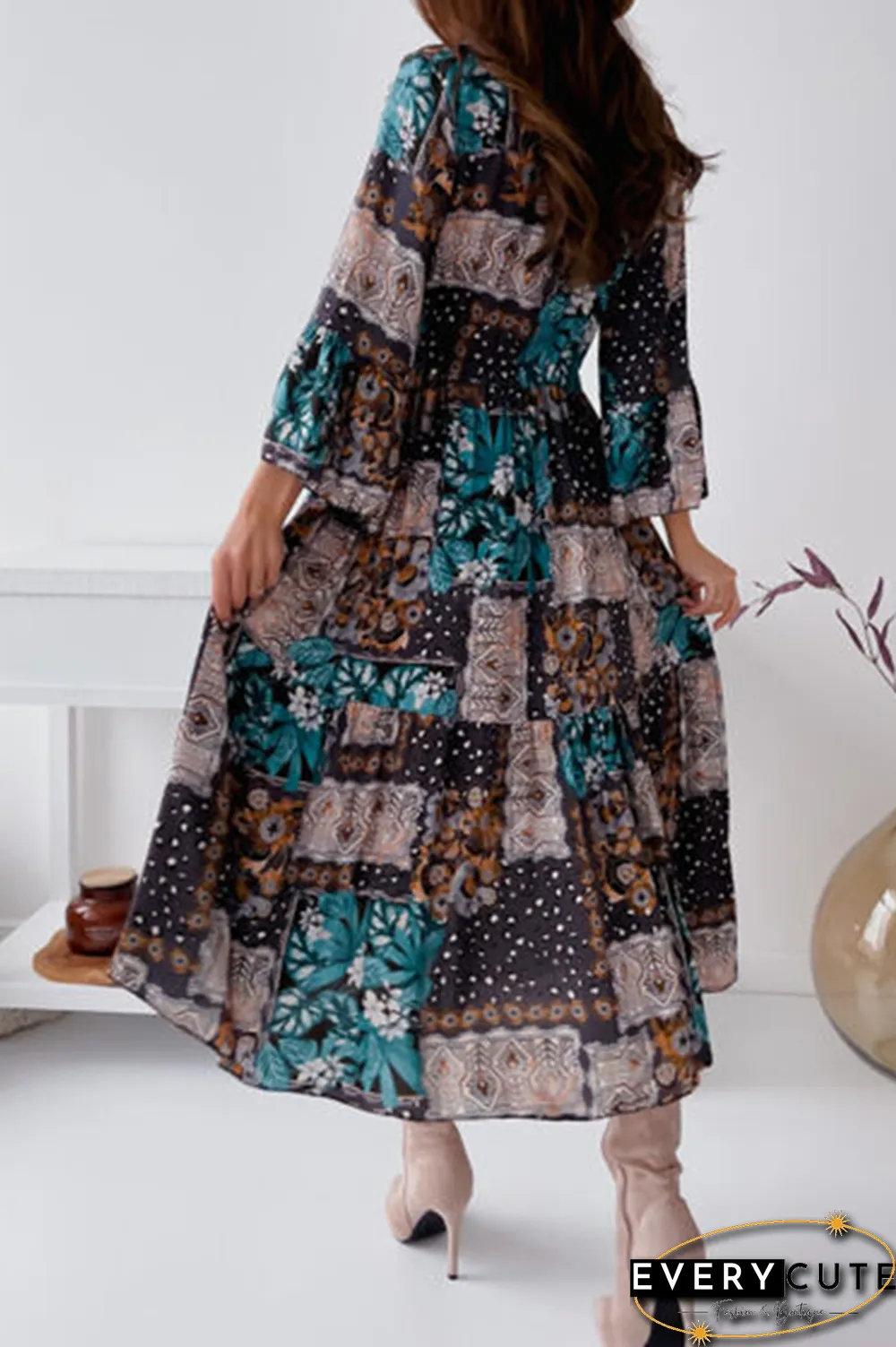 Elegant Print Buckle Flounce Mandarin Collar Dresses