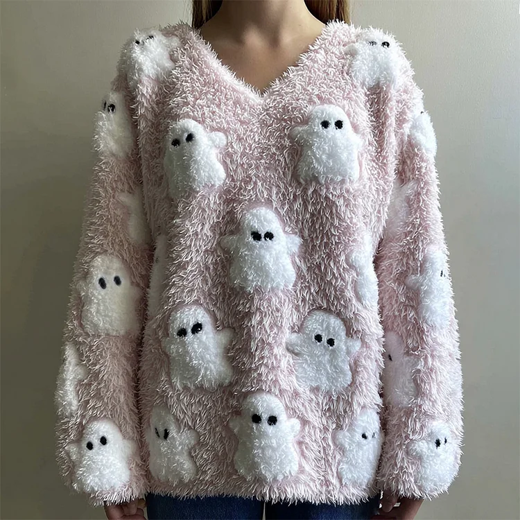 Women's Halloween Cute Ghost Fluffy V-neck Cozy Fuzzy Sweater