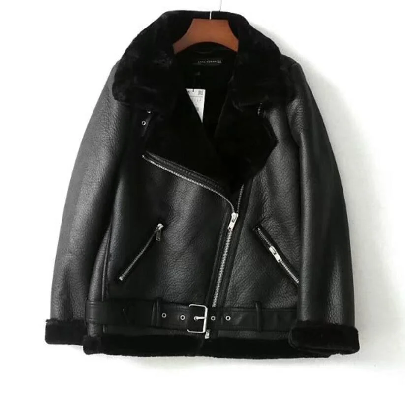 Winter Sheepskin Coats Women Thicken Faux Leather Fur Coat Female Fur Lining Leather Jacket Aviator Jacket casaco feminino